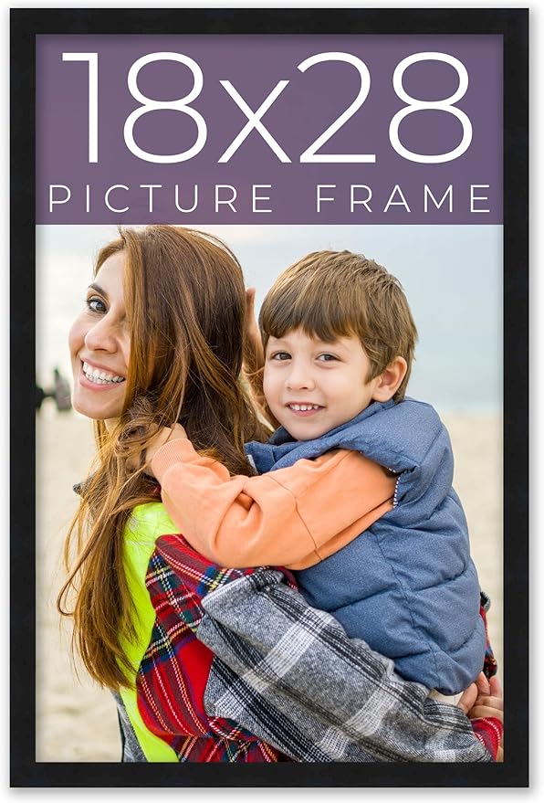 18x28 Frame Black Real Wood Picture Frame Width 0.75 Inches | Interior Frame Depth 0.5 Inches | Noir Classique Mid Century Photo Frame Complete with UV Acrylic, Foam Board Backing & Hanging Hardware