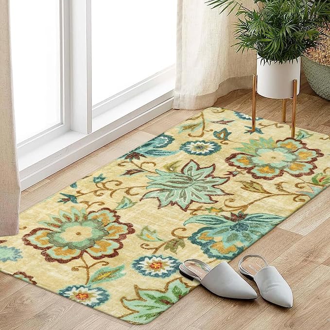 Lahome Floral Runner Rug - 2x4 Area Rug Non-Slip Low-Pile Washble Entryway Runner Rug Small Throw Laundry Mat Bathroom Runner, Boho Beige Paisley Carpet Runners for Hallway Bedroom Kitchen Foyer