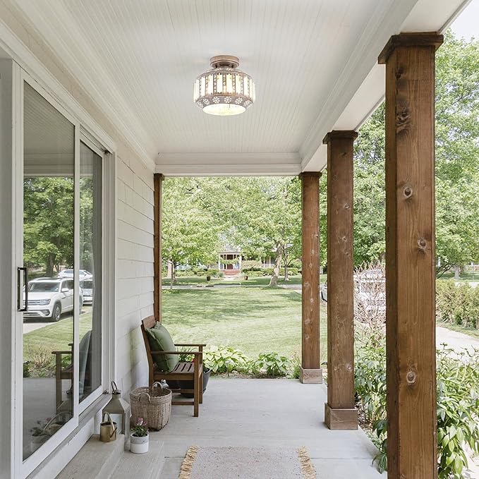Rustic Crystal Ceiling Light, Semi Flush Mount Ceiling Light in Vintage Brass Finish, Modern Light Fixture for Bedroom, Hallway, Entryway, or Living Room