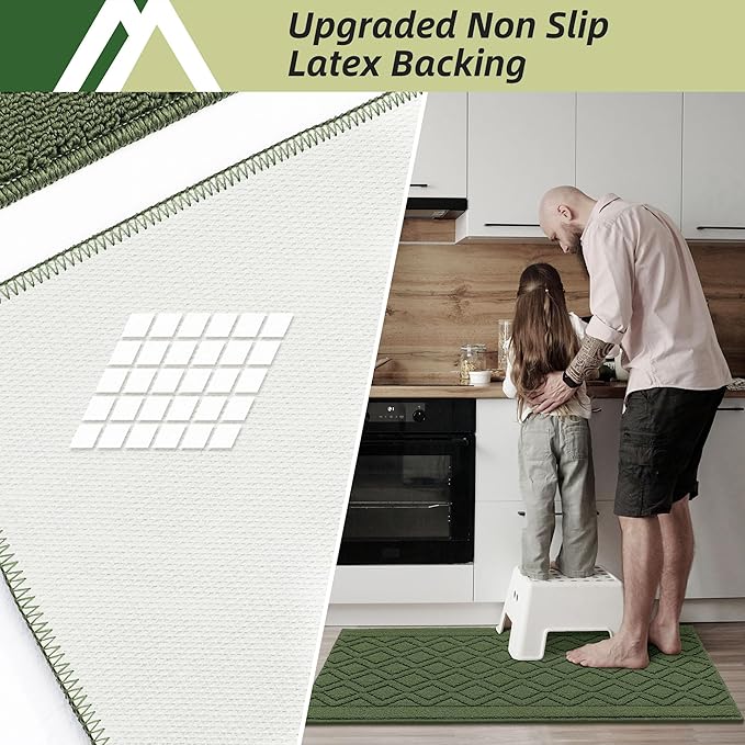 COSY HOMEER-Kitchen-Rugs-and-Mats 20"x48" Non Slip Kitchen Mats for Floor Absorbent Washable Kitchen Runner Standing Floor Mat for Sink Mat,Entry,Laundry,Polypropylene,Green