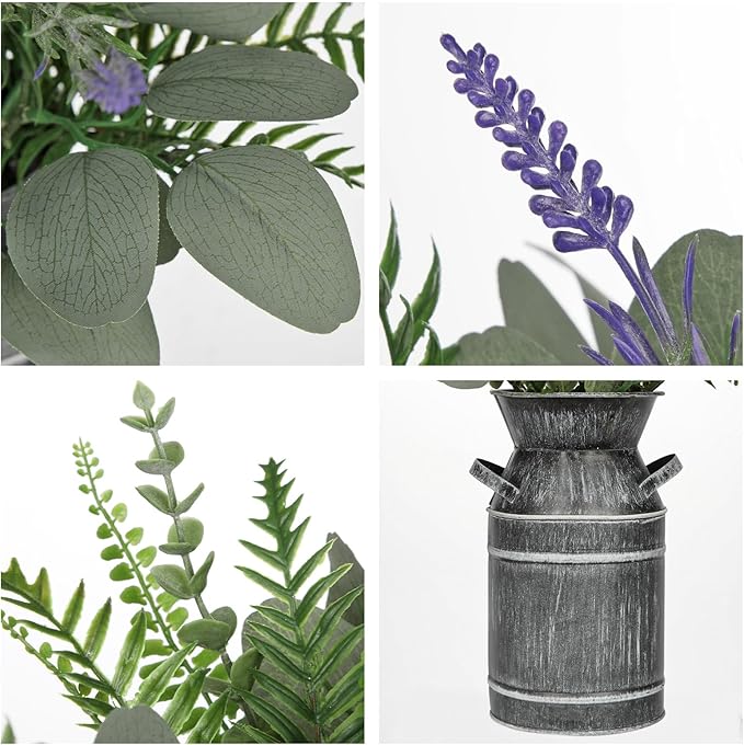 Hollyone Artificial Eucalyptus Plant in Rustic Metal Vase 18" Fake Plants Eucalyptus Leaves Lavender Stems Faux Greenery Potted for Farmhouse Kitchen Office Shelf Home Indoor Table Centerpieces Decor