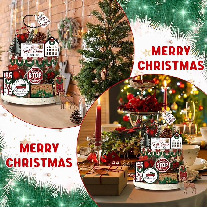17 Pcs Christmas Tiered Tray Decor Set Winter Tiered Tray Decorations Farmhouse Tabletop Centerpiece Christmas Wooden 3D Sign for Xmas Home Buffalo Plaid Rustic Table Decoration(Fresh)