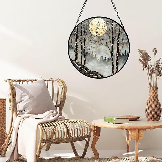 Stained Glass Window Hanging - Black and White Gold Moon Forest Sun Catcher for Door Home Decor Suncatcher Christmas Mother's Day Birthday Gifts for Women Men Lovers Mom Nana 9.8 in