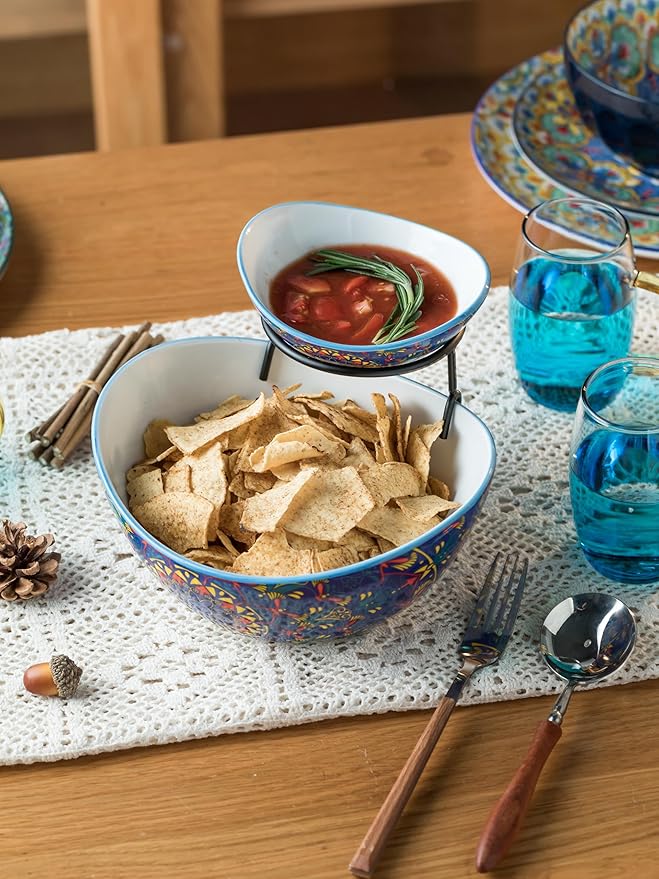 YHOSSEUN Chip and Dip Serving Set, Ceramic Chip Dip Bowls for Parties, 2 Tier Serving Stand Appetizer Serving Dishes for Entertaining Food Display Set