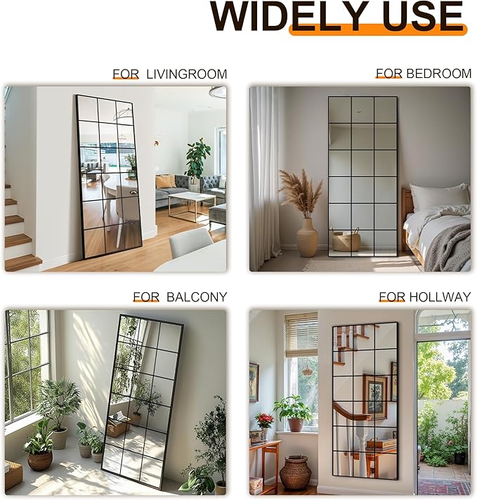 Delma Full Length Mirror, 28"x 55" Window Pane Decorative Mirror for Wall, Black Metal Framed Wall Decor, Wall Mounted, Hanging or Leaning for Bedroom, Living Room, Entryway