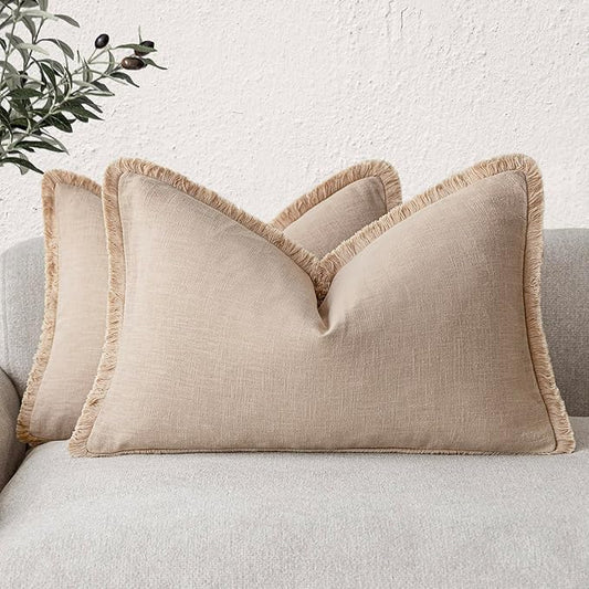 Foindtower Set of 2 Decorative Linen Fringe Lumbar Throw Pillow Covers Boho Farmhouse Cushion Cover with Tassels Soft Accent Pillowcase for Couch Sofa Bed Living Room Home Decor,12×20 Inch,Tan Beige