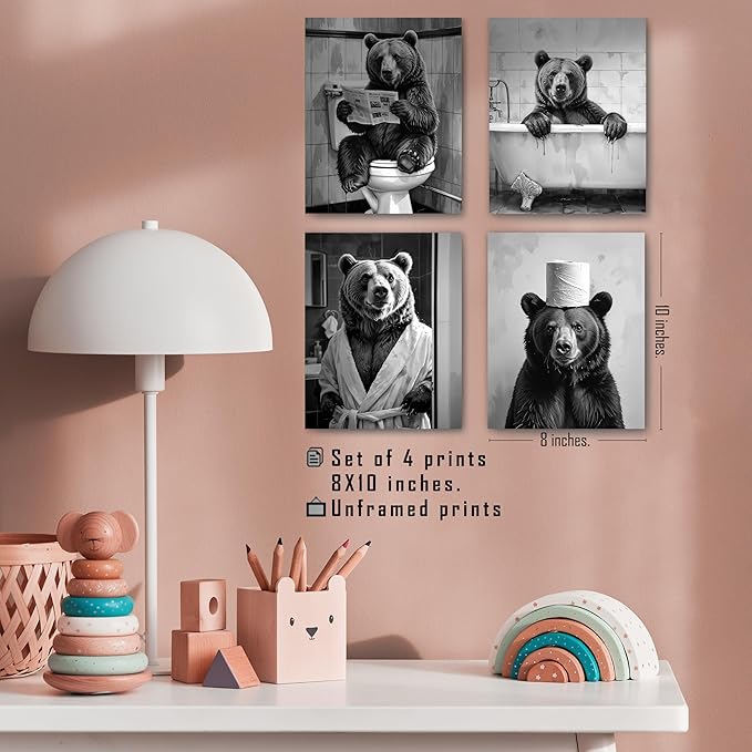 FITIE Funny Black Bear Bathroom Wall Art Posters Set of 4, Bear Bathroom Decor, Humorous Wild Animal Bathing Toilet Canvas Prints Artwork Wall Decor for Bath Room Washroom, 8x10 Unframed