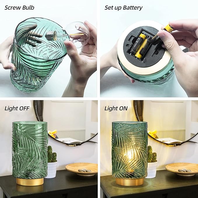 Battery Operated Table Lamp, Cordless Lamps for Home Decor, Battery Powered Nightlight with LED Bulb with Timer, Decorative Lights for Living Room Bedroom Tabletop Entryway Centerpiece Gift(L Green)