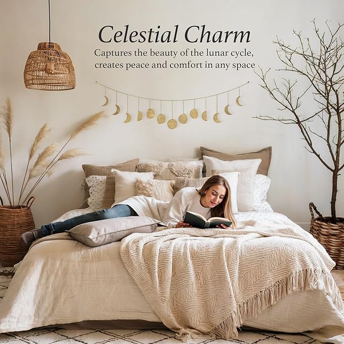 BASE ROOTS Moon Phase, Gold Wall Decor for Bedroom & Living Room, Bohemian Wall Decor, Handmade Hammered Metal 36" 13 Phases Moon, Celestial Wall Art, Gift for Women & Kids