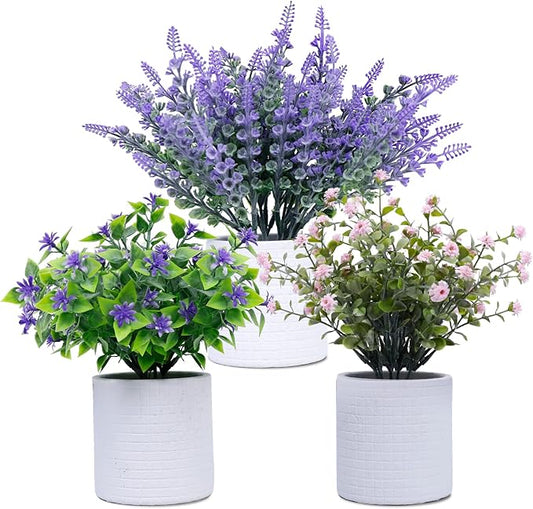 FGSAEOR Mini Potted Fake Plants, Small Artificial Greenery Realistic Plants Topiaries, Low Maintenance, for Home Office Shelf Desk Farmhouse Room Coffee Table Decor (3-Pack) (Purple Pink)