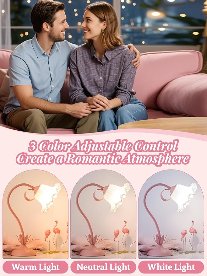 Flower Table Lamp Bedside Lamps LED Reading Light,3 Color Modes Cute Small Lamp,Vintage Flower Lamp Kawaii Table Lamp for Bedroom Living Room Office Dorm Desk Home Decor (Pearl Pink lamp)