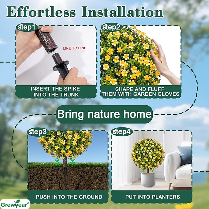 Fall Artificial Topiary Ball Trees with Spike Set of 2, Fall Faux Boxwood Plants for Outdoor Planters, UV Resistant Artificial Outdoor Shrubs, Fake Bushes for Porch, Garden, Patio Decor