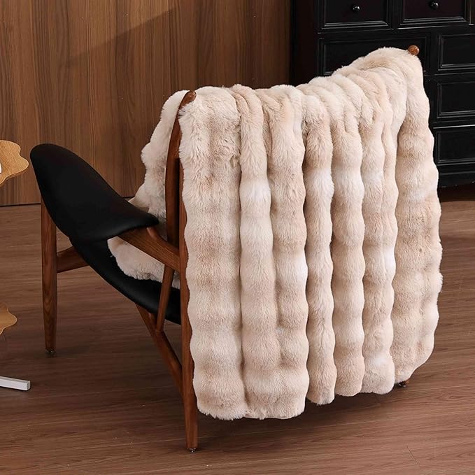 Faux Fur Throw Blanket Yellow Fluffy Bubble Throw Blanket 60x80 for Sofa Couch Bedroom Fuzzy Soft Cozy Thick Khaki Tie-dye
