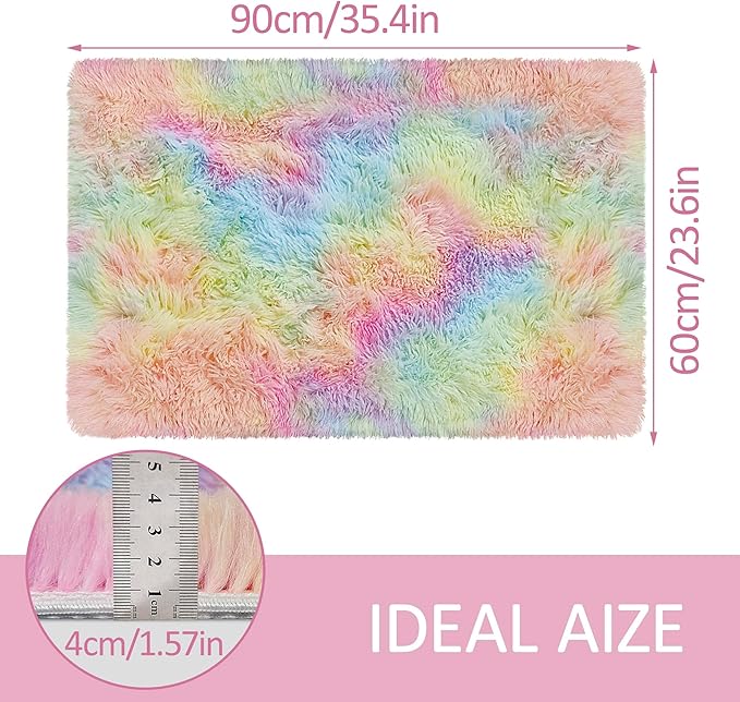 Small Fluffy Rainbow Colorful Area Rug for Girls Bedroom 2x3 Mini Kawaii Tie Dye Rug Fuzzy Unicorn Throw Rug for Living Room Kids Nursery Baby Princess Room Home Decor Aesthetic Carpets
