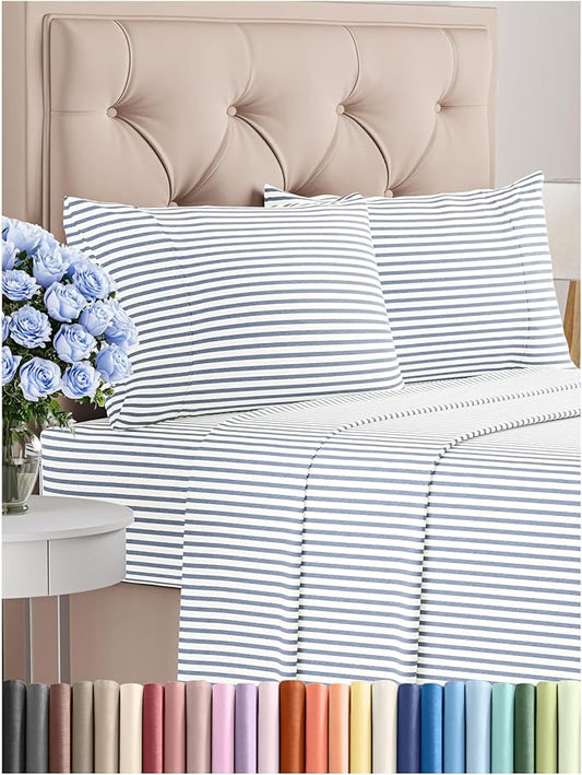 Cal King Size 4 Piece Sheet Set - Comfy Breathable & Cooling Bed Sheets Set - Hotel Luxury Bedding for Women, Men, Kids, Teens, Boys & Girls - Deep Pockets & Wrinkle Free - Oeko-Tex - Blue Stripes 2