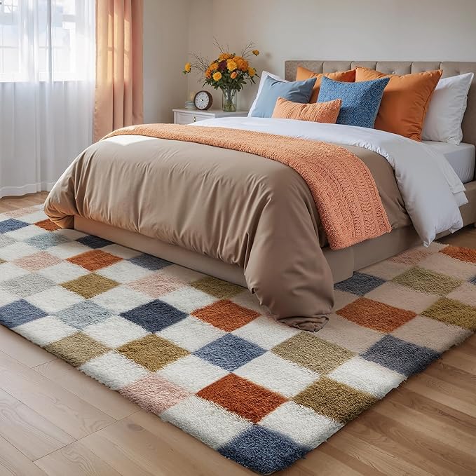 Checkered Rug 6x9 for Living Room, Modern Rainbown Shag Rug Washable Non-Slip Large Area Rug Super Soft Indoor Fuzzy Carpet Fluffy Rugs for Bedroom Home Aesthetic Decor