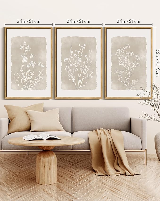 KUVIOKE Boho Botanical Flower Wall Art Framed Vintage Floral Wall Prints Wildflower Neutral Rustic Bohemain Artwork Kitchen Bedroom Decor 24x36in (Natural Framed)