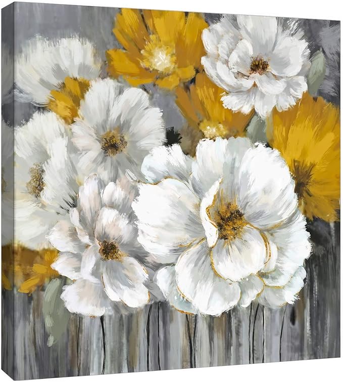 Floral Rustic Farmhouse Canvas Wall Art 14x14in Framed Oil Painting Yellow Flower Decor for Bathroom Kitchen Bedroom & Living Room