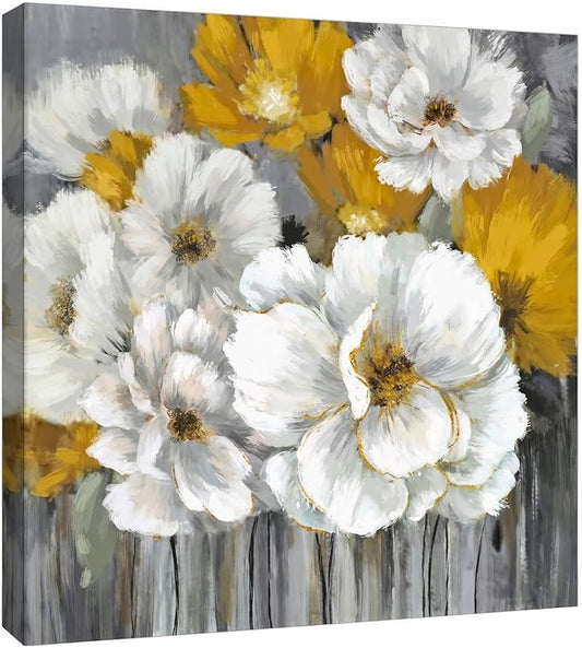 Floral Rustic Farmhouse Canvas Wall Art 14x14in Framed Oil Painting Yellow Flower Decor for Bathroom Kitchen Bedroom & Living Room