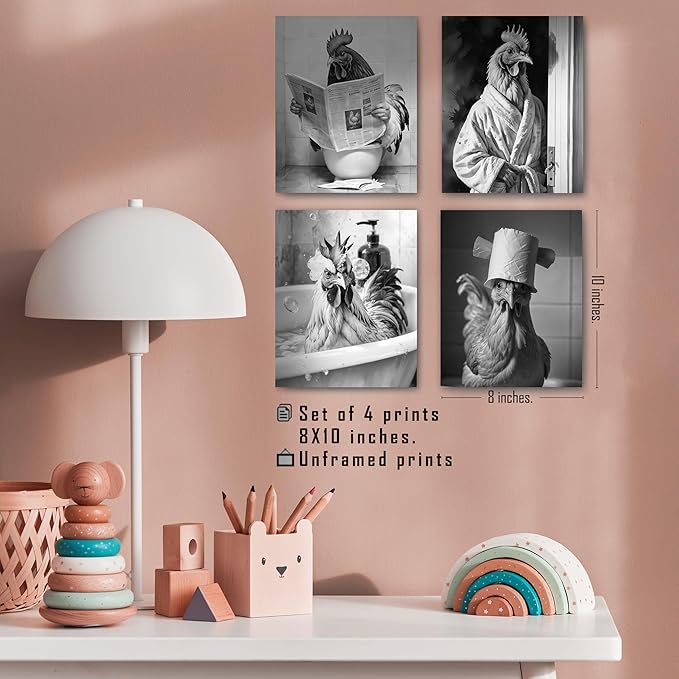 FITIE Funny Chicken Bathroom Wall Art Posters Set of 4, Chicken Bathroom Decor, Humorous Farmhouse Animal Rooster Hen Canvas Prints Artwork Wall Decor for Bath Room Washroom, 8x10 Unframed