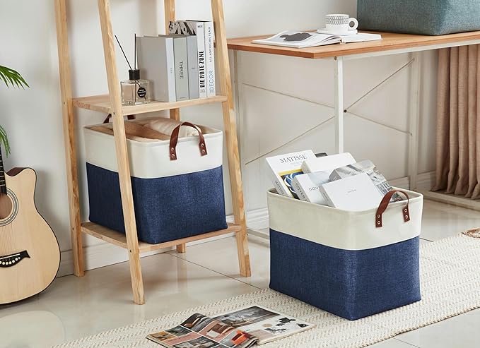 DECOMOMO Fabric Storage Basket Large Closet Storage Bins for Toys Nursery & Laundry Storage (Navy Blue & White, XXL - 3 Pack)