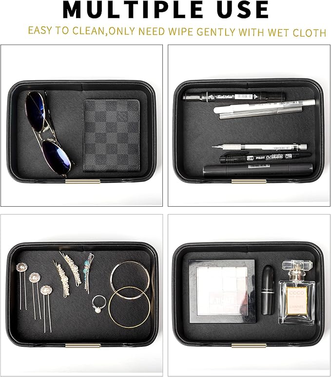 SANZIE Luxury Leather Tray Desktop Storage Catchall Organizer Decorative Tray for Entryway Table to Hold Jewelry Watch Keys Phone Wallet (Metal Glided, Black)