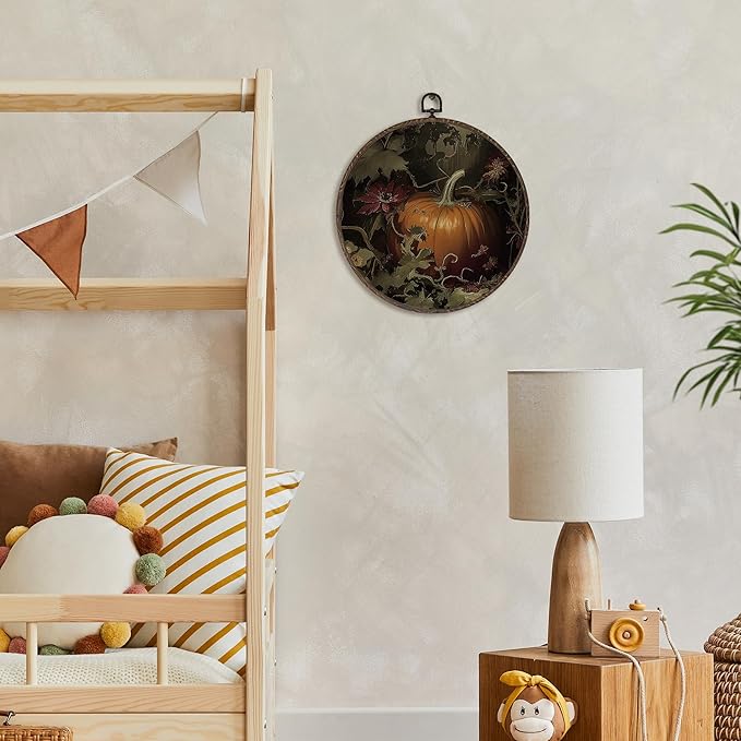 XNXLDYLH Vintage Fall Pumpkin Round Framed Wall Art Decor, Dark Cottagecore Antique Hanging Wall Decor Decorations, Dark Academia Fall Autumn Canvas Prints Wall Art Paintings for Living Room, 10x10In