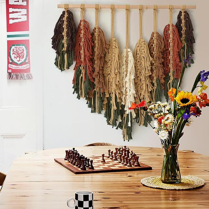 Macrame Wall Hanging with Handmade Woven Leaves Boho Feather Tapestry for Modern Apartment, Chic Dorm Decor, Cozy Bedroom or Nursery Wall Art, Leaf Wall Decor for Living Room Backdrop27" Wx26" L