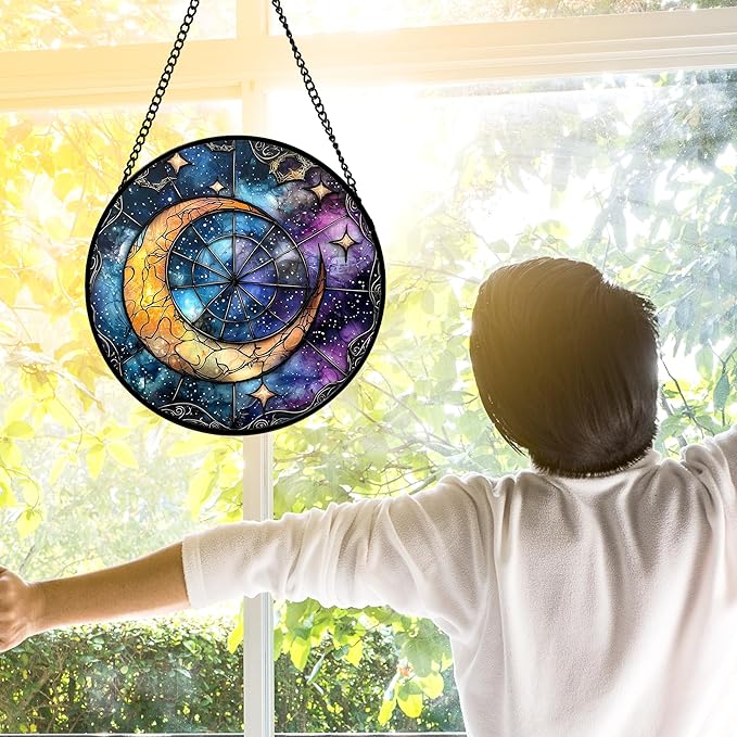 Stained Glass Window Hanging, Blue Starry Sky Moon Astrolabe Suncatcher for Doors Home Sun Catchers Decoration and Christmas, Mother's Day Birthday Gifts for Women, Men, and Mom 11.8x11.8 in
