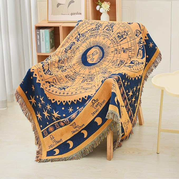 Boho Throw Blanket Reversible Cotton Bohemian Tapestry Hippie Room Decor Outdoor Blanket Double Sided (Boho Horoscope 50"x60")