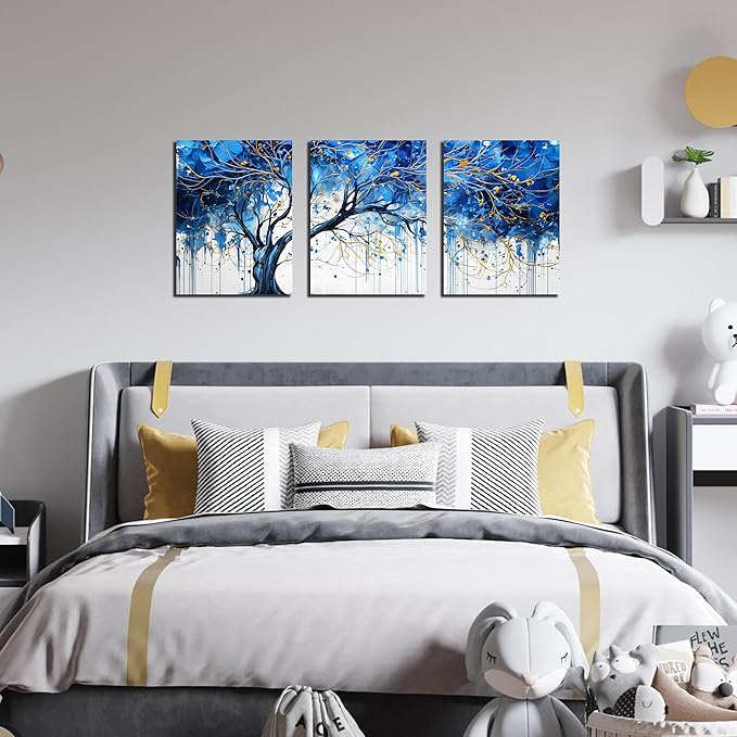CIRABKY Blue Tree Pictures Wall Decor for Living Room - Blue and White Wall Art for Bedroom - Modern Wall Decor for Office Size 12" x 16" x 3 Pieces