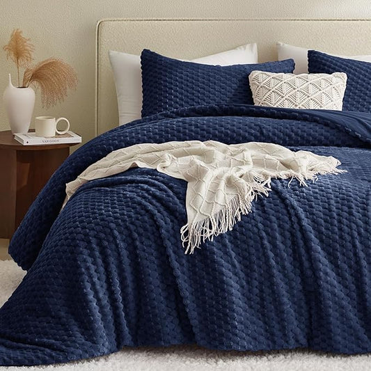 Petrichor Fluffy Twin Comforter Set - Ultra-Soft Navy Flannel Thick Comforter for Queen Bed, Luxury Warm Bedding Set for Winter & Fall, Cozy Fuzzy Bed Set 2 Pieces (1 Comforter & 1 Pillowcase)