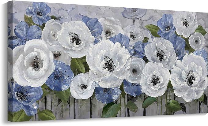 Large Canvas Wall Art for Living Room, Blue and White Textured Floral Wall Art, Flower Wall Pictures and Paintings, Nature and Landscape Artwork, Bedroom Wall Decor