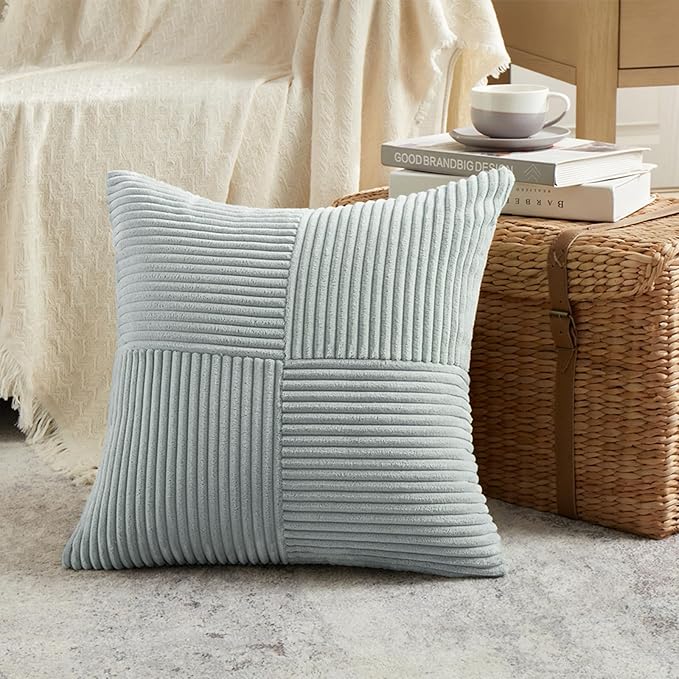 Fancy Homi 4 Packs Grey Blue Decorative Throw Pillow Covers 20x20 Inch for Couch Bed Sofa, Rustic Farmhouse Boho Home Decor, Soft Cross Corduroy Patchwork Accent Square Cushion Case 50x50 cm