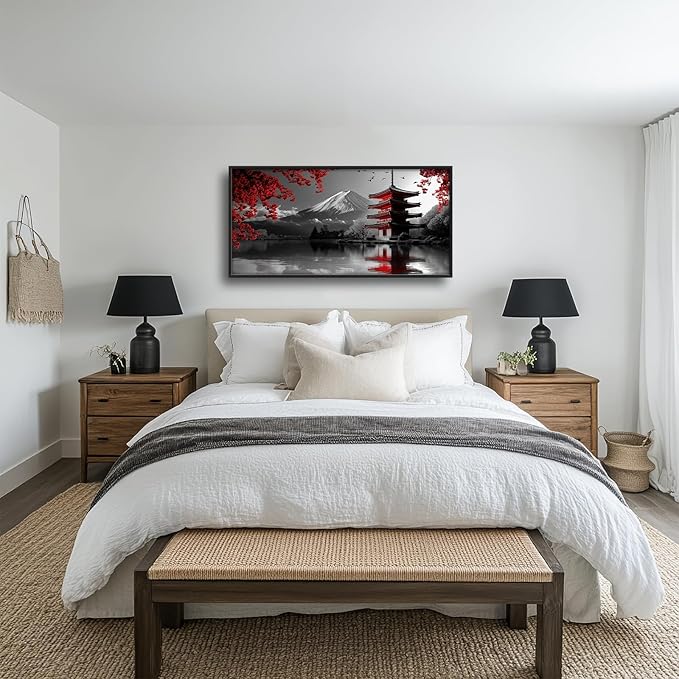 Olivine Japan Large Wall Art, Black And White Pictures Wall Decor, Landscape Paintings, Mountain Canvas Prints, Framed Artwork for Dining Room Bedroom Living Room Office Bathroom 60"x30"