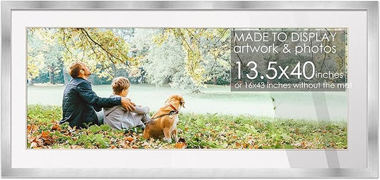 13.5x40 Frame Silver Wood with White Mat | 16x43 Frame Matted to 13.5x40 | Display Your Poster Under UV Acrylic Shatter Guard Front, with Foam Board Backing and Wall Hanging Hardware - Wood Frame