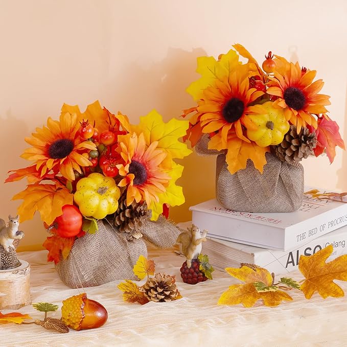 Waipfaru Fall Decor, Fall Decorations for Home，2Pcs Artificial Fall Flowers with Burlap Base, Fall Leaves Sunflower Decor Fall Leaves, Thanksgiving Decorations, Fall Centerpieces for Tables