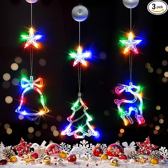 suddus Christmas Window Lights Decorations, 3Pcs Tree-Jingle Bell-Deer Shaped Xmas Lights Battery Powered with Suction Cups & Timer, Hanging String Lights Indoor for Tree, Fireplace, Multicolor