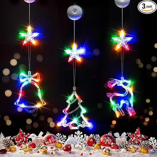 suddus Christmas Window Lights Decorations, 3Pcs Tree-Jingle Bell-Deer Shaped Xmas Lights Battery Powered with Suction Cups & Timer, Hanging String Lights Indoor for Tree, Fireplace, Multicolor