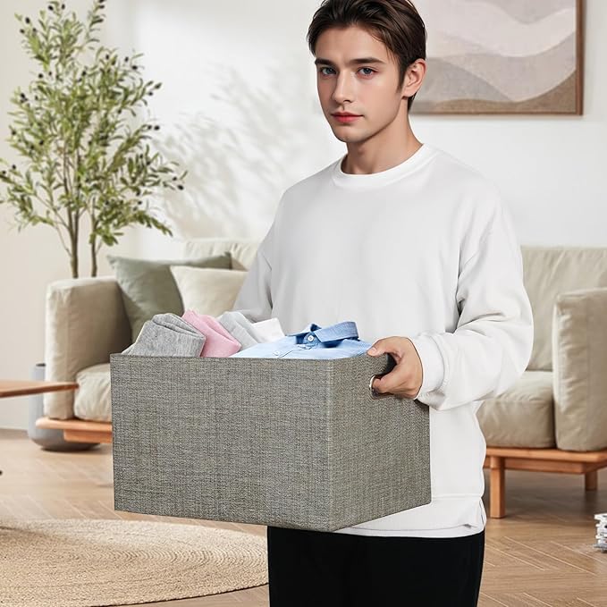 Closet Organizers and Storage Bins, Linen Baskets for Organizing, Collapsible Home Organization Boxes with Handles, Decorative Containers for Clothes, 16.25x12x10 Inch, 4 Pack, Coffee