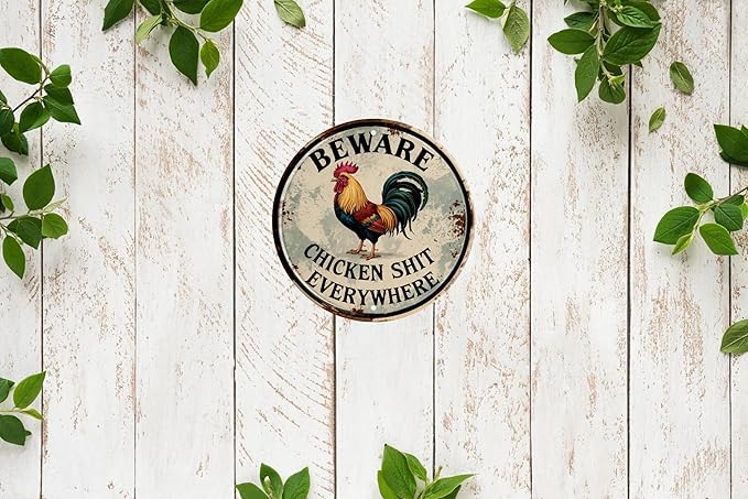 Chicken Decor Vintage Beware Chicken Shit Everywhere Rooster Wall Art Rustic Farmhouse Decor for Restaurants & Home Wall Mounted Vintage 8x8 In