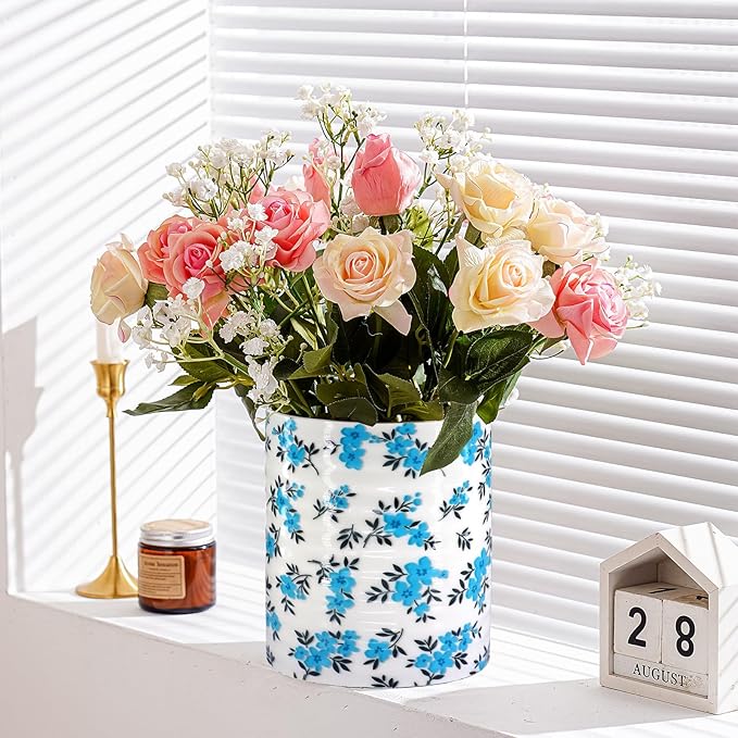 Kitchen Utensil Holder,7.2″Extra Large Stable Pattern Ceramic Utensil Crock,Utensil Organizer for Countertop,Kitchen Decor,Utensil Holder for Housewarming,Wedding Gift (Teal Blue)