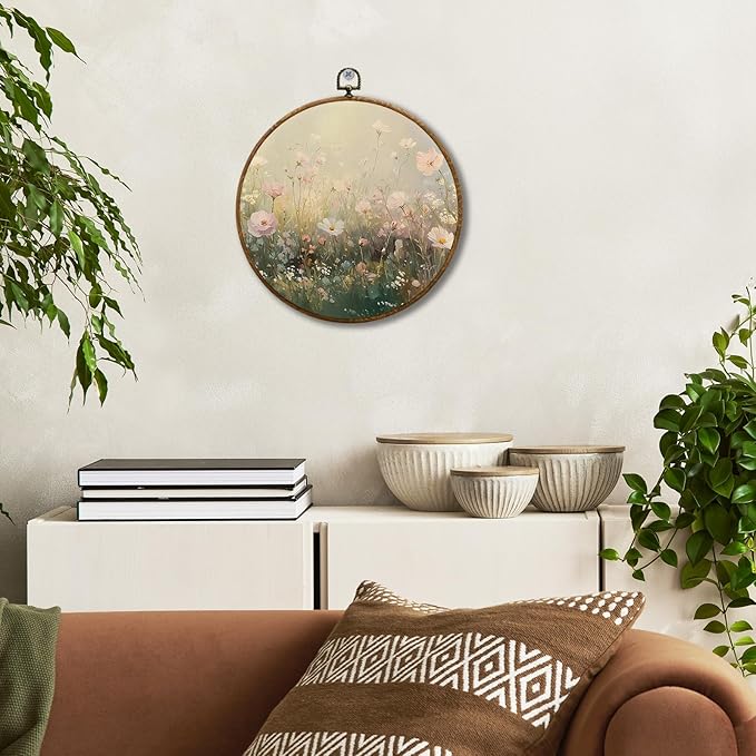 JUIOEIUVintage Wildflower Floral Round Wall Decor, Cottagecore Flower Botanical Framed Canvas Prints, Retro Rustic Floral Wall Art Hanging Decorations for Home Bedroom Living Room Décor Accents Decor, 10x10in