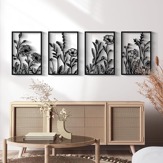 Glamativity 4 Pcs Black Abstract Flowers Metal Wall Art, Minimalist Floral Single Line Wall Décor, 3D Textured Sculptures, Rustic Nature Wall Art Décor for Living Room, Bedroom, Study (L Size 22.5x15.7'')