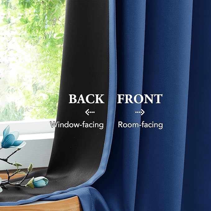 Beauoop 100% Blackout Curtains 96 Inches Long for Patio Sliding Door Blue Solid Extra Wide Room Darkening Thermal Insulated Room Divider Soundproof Grommet Window Treatment Drapes,100x96 Set of 1