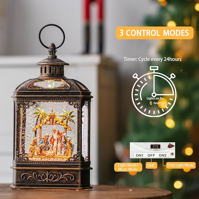 Christmas Snow Globe Swirling Glittering Nativity Scene with Music, USB Lined/Battery Operated Lighted Water Lantern for Christmas Festival Decoration Gifts
