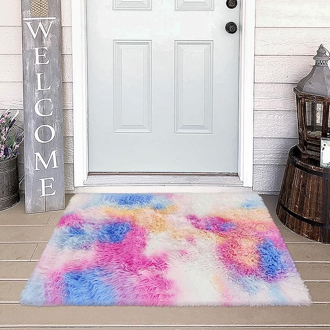 Small Fluffy Colorful Rug for Bedroom Girls 2x3 Mini Kawaii Rainbow Tie Dye Area Rug Fuzzy Unicorn Throw Rug for Living Room Kids Nursery Baby Princess Room Home Decor Aesthetic Carpets