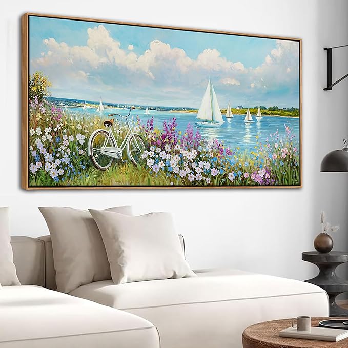 Coastal Wall Art Sailboat Beach Canvas Wall Decor Flower & Landscape Paintings Farmhouse Decor Blue Artwork for Living Room Bedroom Home Office Large Framed Ocean Pictures Wall Decor24×48IN