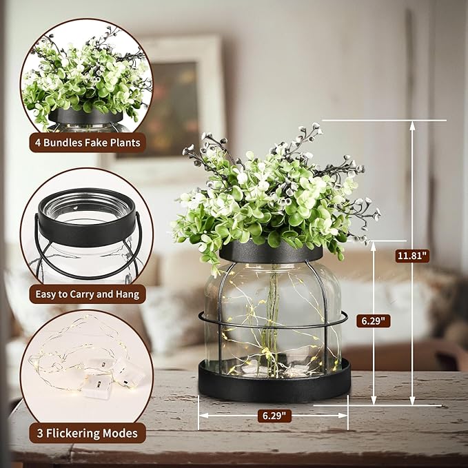 Farmhouse Rustic Vintage Primitive Glass Vases Lantern with Lights Green Artificial Eucalyptus Plants Home Decor Centerpiece for Coffee Office Dining Table Shelf Desk Counter Kitchen Bathroom, Black