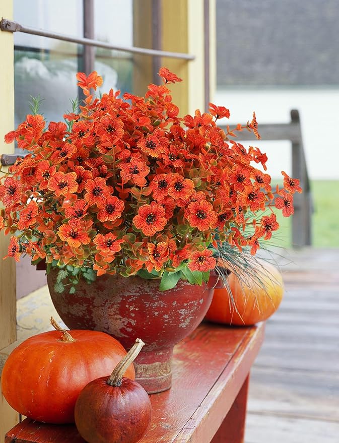 12 Bundles Artificial Mums Fall Flowers for Outdoors Fake Plants - Faux Outside Greenery Boxwood No Fade Plastic Shrubs Decor for Front Door Porch Planter Patio Garden Home Thanksgiving(Salmon)